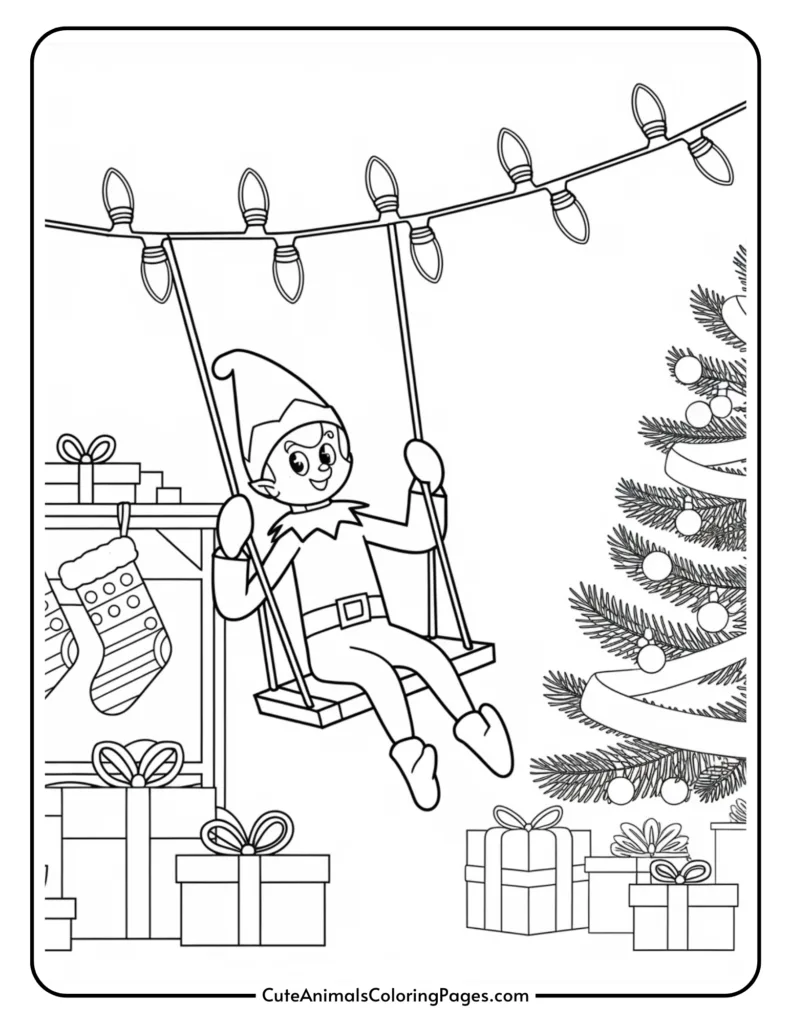 Coloring page featuring a cheerful elf on a swing surrounded by Christmas gifts and decorations, including a Christmas tree and festive lights. Perfect for holiday-themed coloring activities.