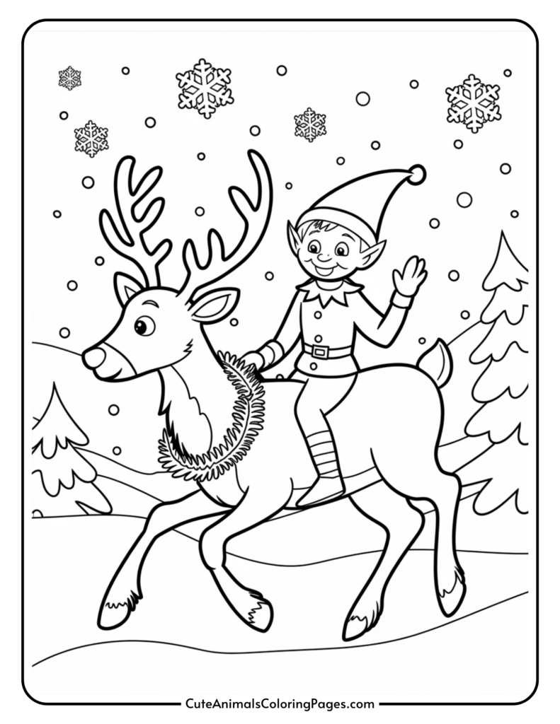 A cheerful elf riding a reindeer in a snowy landscape, surrounded by falling snowflakes and pine trees, perfect for a holiday-themed coloring page.