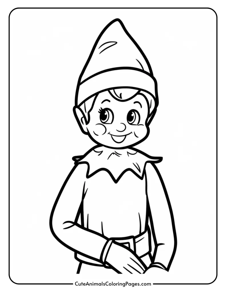 Black and white coloring page featuring a cheerful elf character wearing a pointed hat and a collar, perfect for kids' art and craft activities.