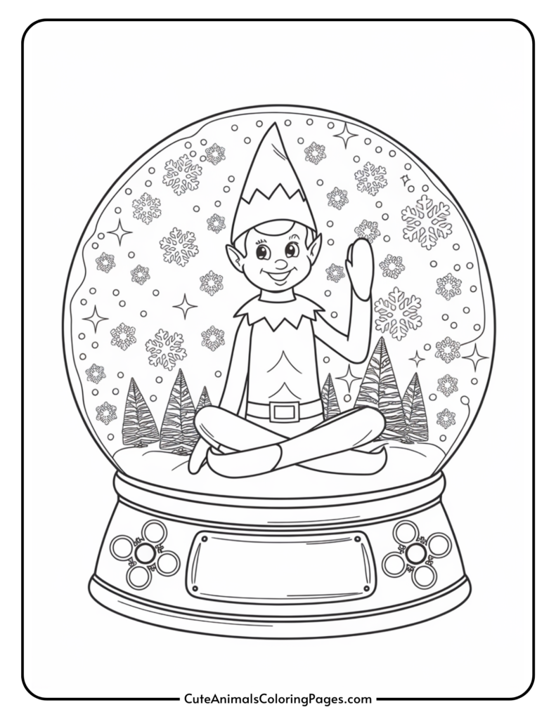 Coloring page of a whimsical elf sitting cross-legged inside a snow globe, surrounded by snowflakes and trees, designed for festive holiday activities.