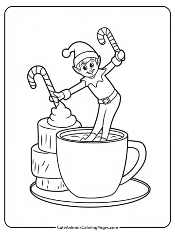 Coloring page featuring a cheerful elf balancing on the rim of a large mug filled with hot cocoa, surrounded by candy canes and whipped cream, ideal for holiday-themed activities.