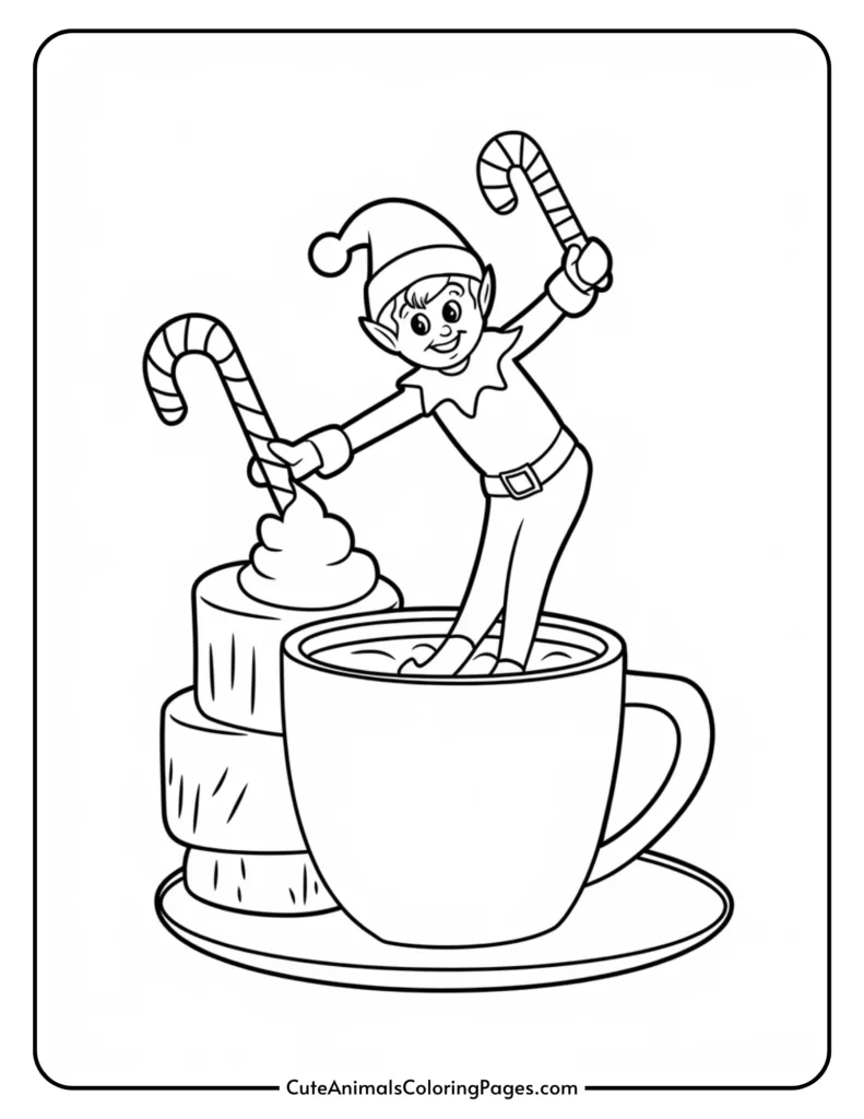 Coloring page featuring a cheerful elf balancing on the rim of a large mug filled with hot cocoa, surrounded by candy canes and whipped cream, ideal for holiday-themed activities.