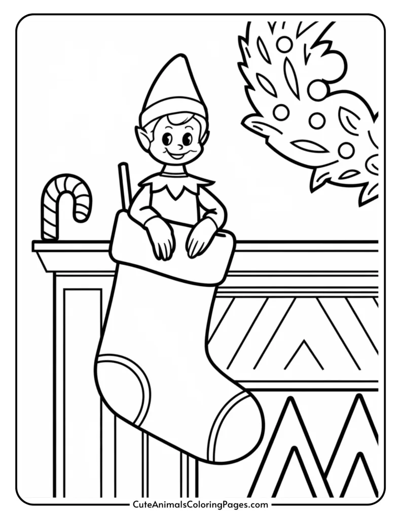 A cheerful elf character sitting on a mantel, holding a large Christmas stocking, with a candy cane nearby and a decorated Christmas tree in the background, designed for coloring activities.