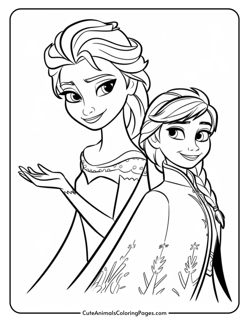 Black and white coloring page featuring two princess characters, one with a flowing gown and the other with a braid, standing back to back in a friendly pose. Ideal for kids' art activities and creative expression.