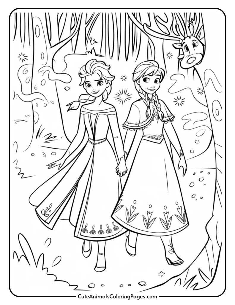 Coloring page featuring two princesses, Elsa and Anna, holding hands in a whimsical forest setting with trees and a friendly reindeer in the background. Ideal for children’s creative activities and relaxation.