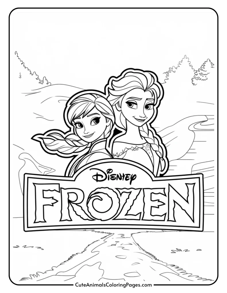 Black and white coloring page featuring Disney characters Anna and Elsa from the movie Frozen, with a scenic background and the Frozen logo prominently displayed at the bottom.