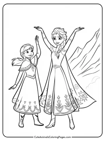 Coloring page featuring two princess characters with detailed dresses and joyful poses, set against a mountain backdrop, perfect for kids' creative activities.