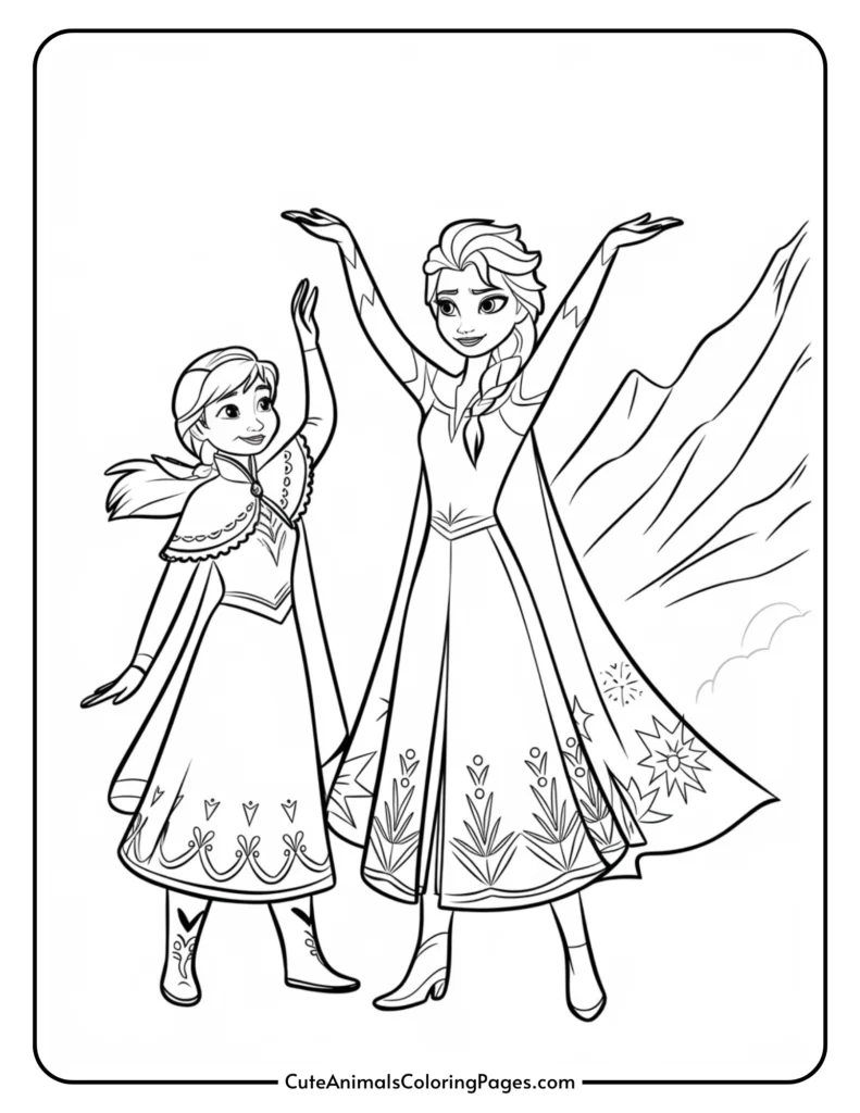 Coloring page featuring two princess characters with detailed dresses and joyful poses, set against a mountain backdrop, perfect for kids' creative activities.