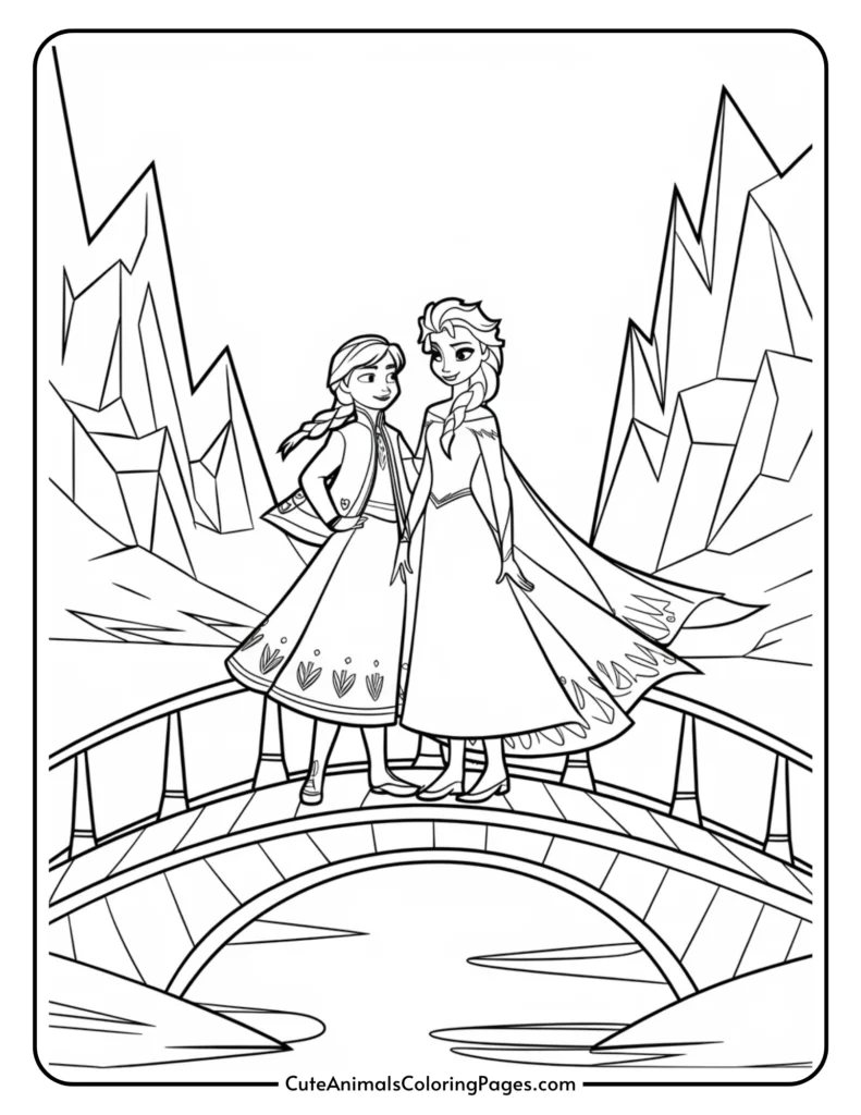 Coloring page featuring two princesses standing on a bridge in a snowy landscape, surrounded by mountains and ice formations. Ideal for kids who enjoy creative activities inspired by fairy tales.