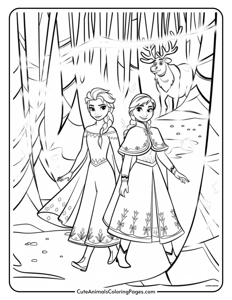 Black and white coloring page featuring two princesses in a forest setting, accompanied by a reindeer. The characters are depicted in flowing dresses with intricate patterns, walking along a forest path surrounded by trees. Ideal for children’s coloring activities.