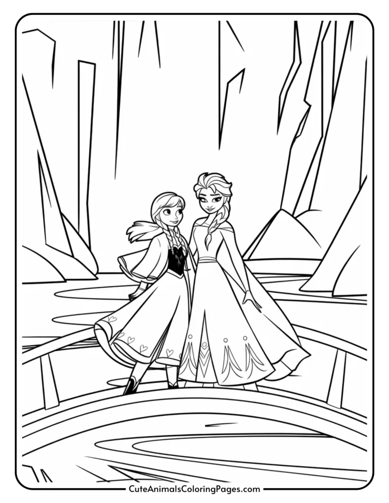 Coloring page featuring two princesses in winter attire standing on a frozen landscape, surrounded by icy formations and a serene background. Ideal for kids' creative activities and fans of winter-themed art.