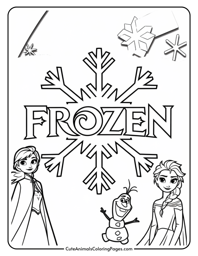 Coloring page featuring characters from Disney's Frozen, including Elsa, Anna, and Olaf, with a large snowflake design and the title "FROZEN" prominently displayed. Ideal for kids' art activities and fans of the movie.