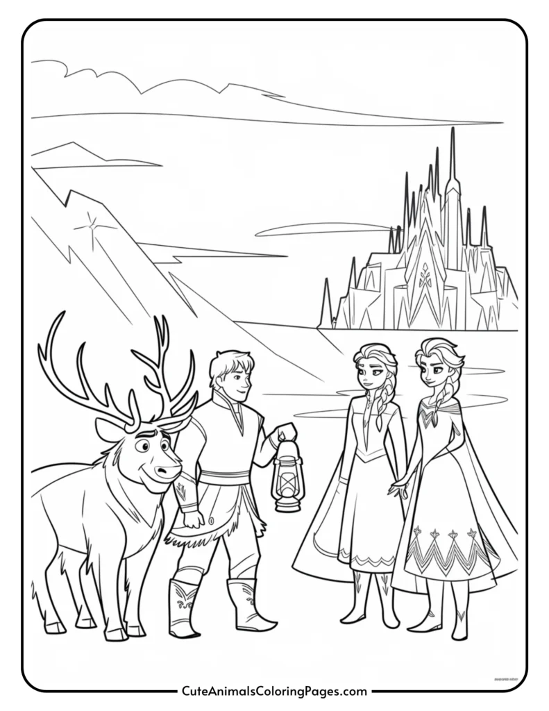 Coloring page featuring characters from a winter-themed story, including two princesses, a young man holding a lantern, and a reindeer, set against a snowy mountain backdrop and a castle. Ideal for kids' creative activities.