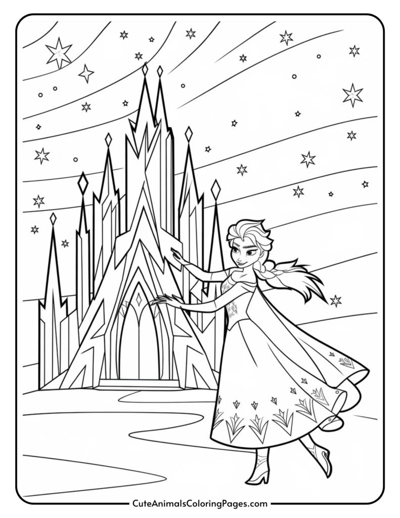 Coloring page featuring a princess with long hair and a flowing dress standing in front of an ice castle, surrounded by stars and a swirling sky. Ideal for kids' creativity and art activities.