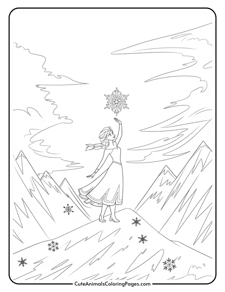 Coloring page featuring a character with a braid wearing a flowing dress, standing on a snowy mountain peak while holding a large snowflake against a backdrop of clouds and mountains. Ideal for kids and fans of winter-themed art.