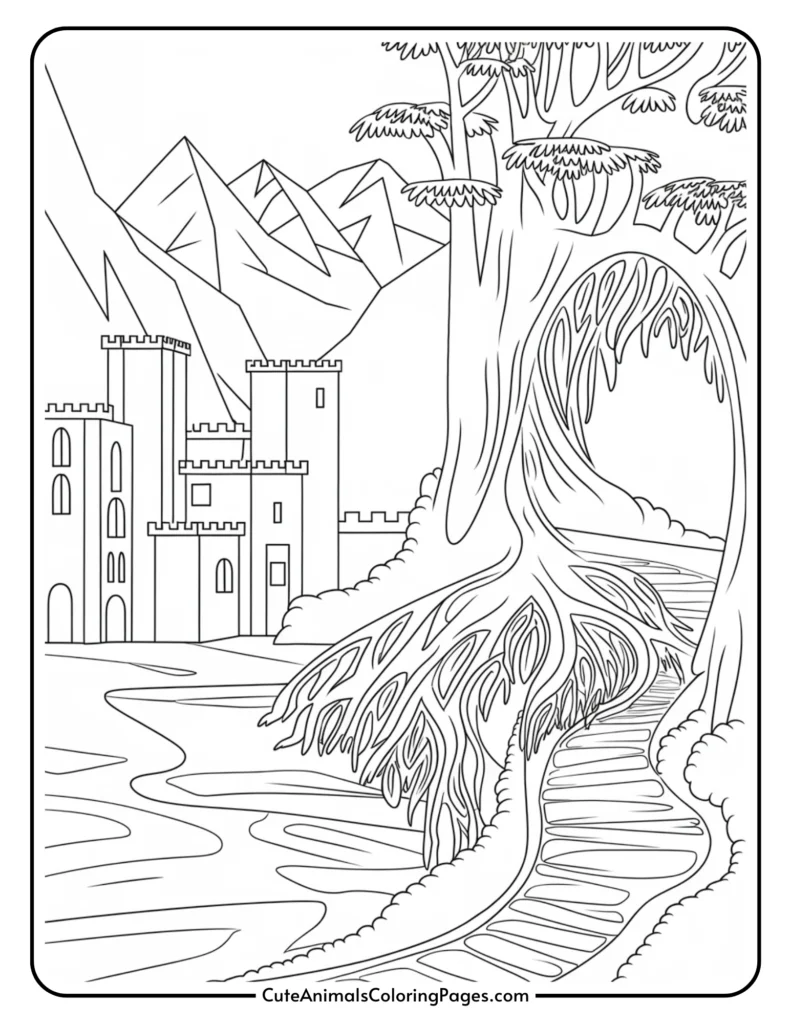 Line art coloring page featuring a whimsical landscape with a large tree, a winding path, and a castle in the background, set against a backdrop of mountains. Ideal for kids and adults who enjoy creative coloring activities.