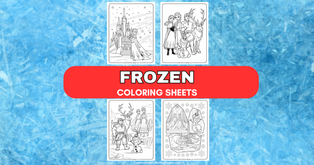 Coloring sheets featuring characters and scenes from Disney's Frozen, including Elsa, Anna, Olaf, and Kristoff, set against a snowy background. Perfect for kids' creative activities and themed parties.