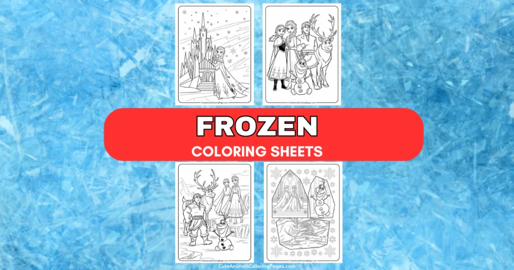 Coloring sheets featuring characters and scenes from Disney's Frozen, including Elsa, Anna, Olaf, and Kristoff, set against a snowy background. Perfect for kids' creative activities and themed parties.