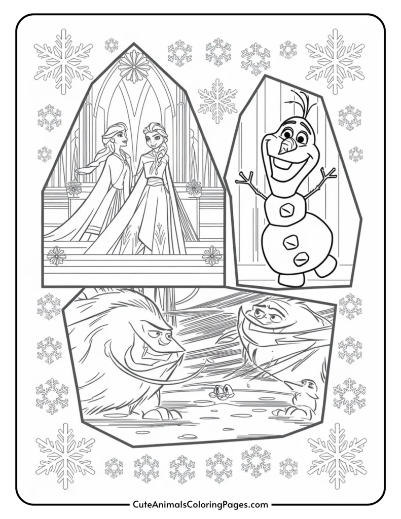 Coloring page featuring characters from Disney's Frozen, including Elsa, Anna, and Olaf, along with a scene depicting a snow monster. The design includes snowflakes and outlines for coloring activities. Perfect for kids and fans of the movie.