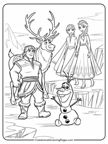 Coloring page featuring characters from Disney's Frozen, including Kristoff, his reindeer Sven, Elsa, Anna, and Olaf in a snowy landscape. Perfect for children who enjoy coloring and Frozen-themed activities.