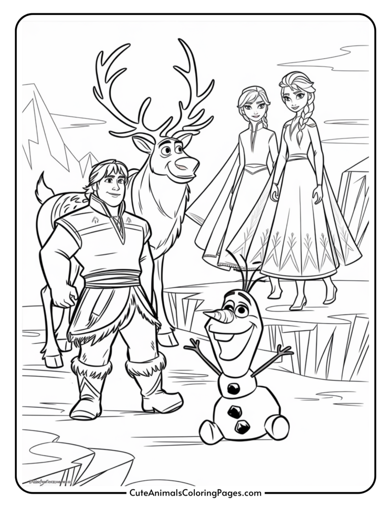 Coloring page featuring characters from Disney's Frozen, including Kristoff, his reindeer Sven, Elsa, Anna, and Olaf in a snowy landscape. Perfect for children who enjoy coloring and Frozen-themed activities.