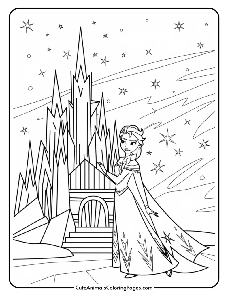 Black and white coloring page featuring a princess character standing in front of an ice castle, surrounded by stars and a night sky, ideal for kids' creative activities.