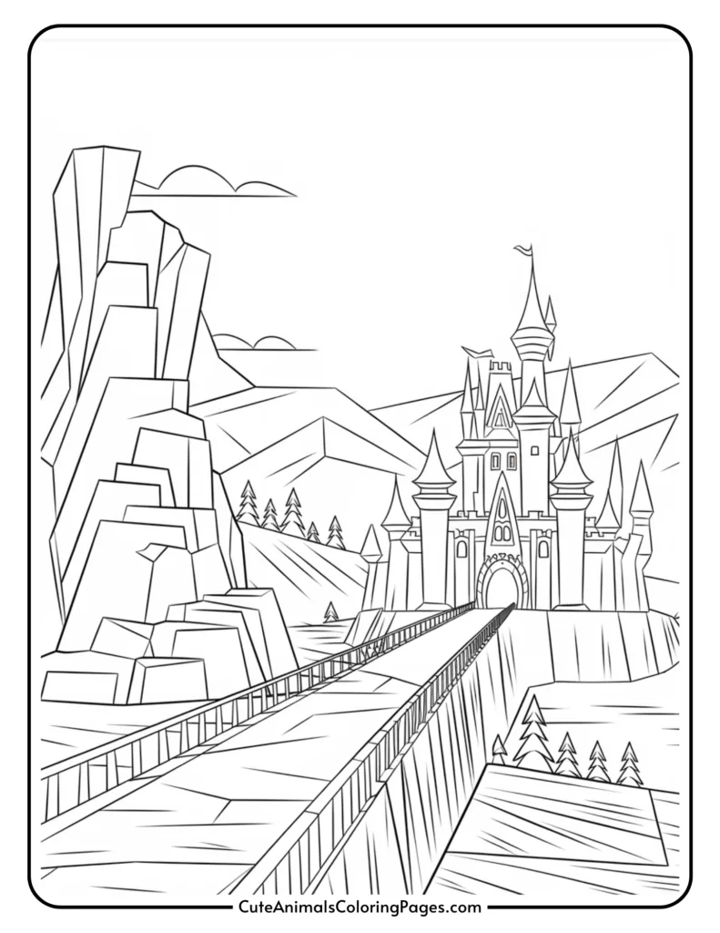 Line art illustration of a fairytale castle surrounded by mountains and trees, featuring a bridge leading to the entrance. Ideal for coloring activities and creative projects.