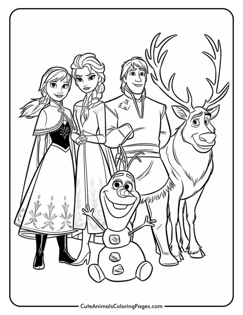 Coloring page featuring characters from the animated film Frozen, including Anna, Elsa, Kristoff, Olaf, and Sven the reindeer, in a fun and engaging black-and-white design for kids.