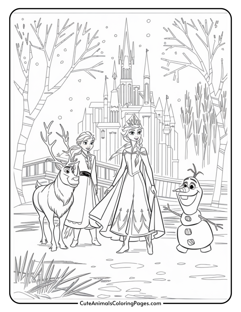 Coloring page featuring Elsa, Anna, Olaf, and Sven in a snowy landscape with a castle in the background. Perfect for kids who enjoy Frozen-themed activities.