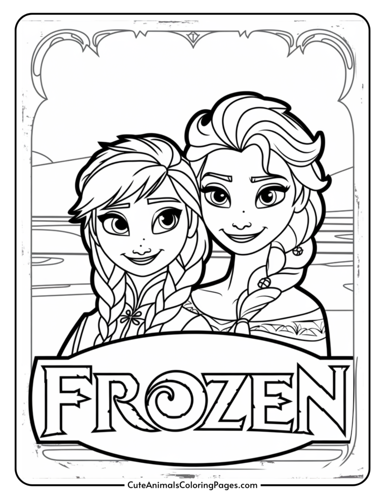 Black and white coloring page featuring the characters Anna and Elsa from Disney's Frozen, with the title "Frozen" prominently displayed at the bottom.