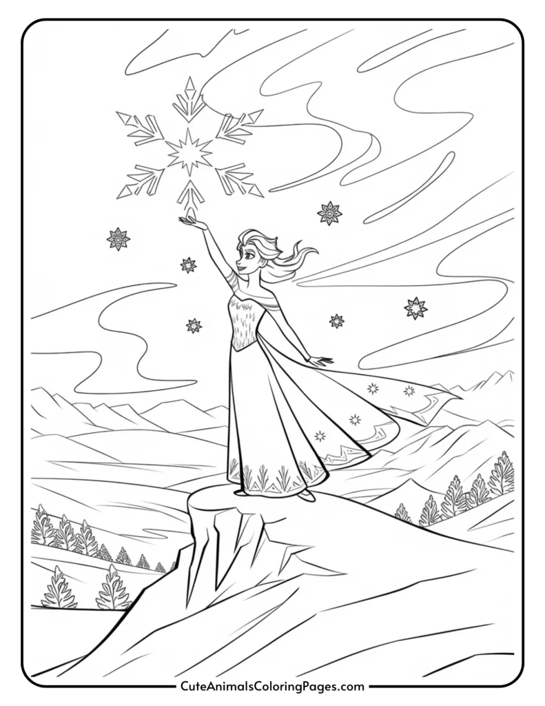 Coloring page featuring a princess with flowing hair and a gown, standing on a rocky outcrop and raising her hand to create a large snowflake against a backdrop of mountains and swirling clouds. Perfect for kids' art activities and creative expression.