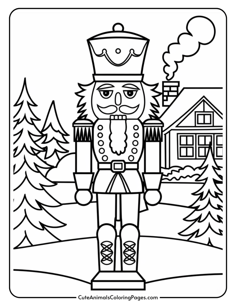 Coloring page featuring a classic nutcracker soldier standing in front of a house and surrounded by evergreen trees, ideal for holiday-themed arts and crafts activities.