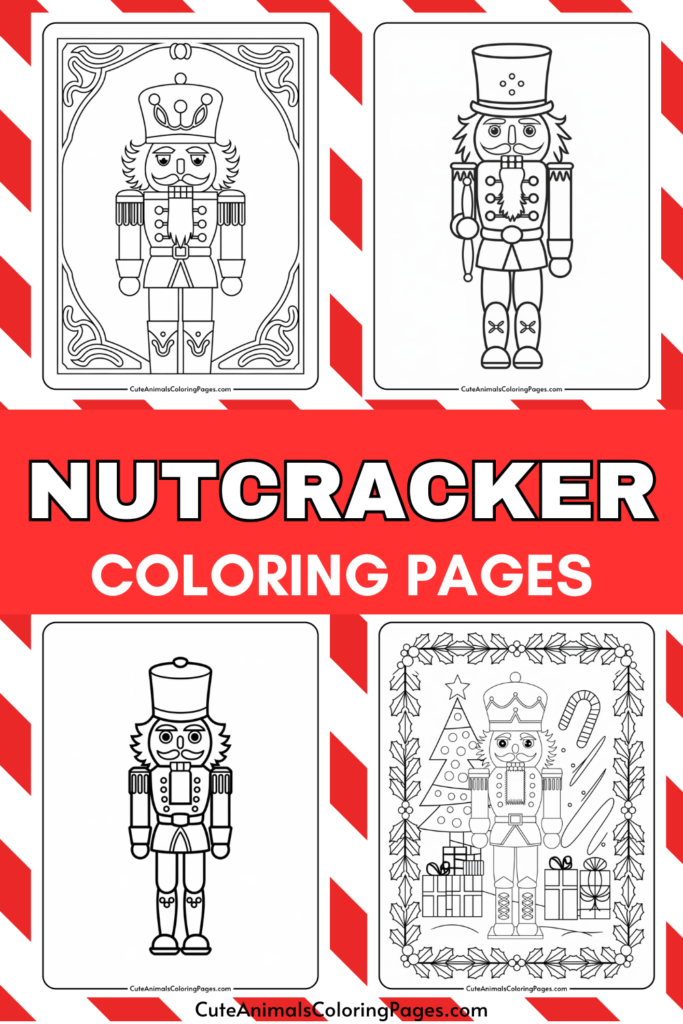 Nutcracker coloring pages featuring four unique designs, including detailed illustrations of nutcracker figures and festive holiday themes, perfect for creative activities during the Christmas season.