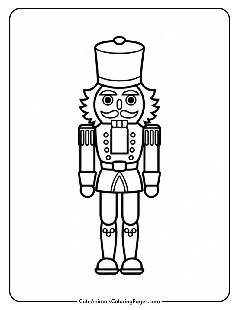 Black and white outline of a nutcracker soldier character, ideal for coloring activities. The illustration features a detailed design with a tall hat, mustache, and military-style uniform, suitable for children’s art projects.