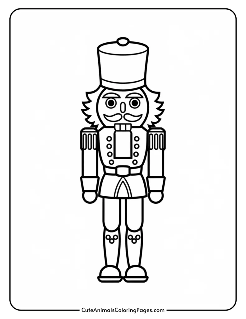 Black and white outline of a nutcracker soldier character, ideal for coloring activities. The illustration features a detailed design with a tall hat, mustache, and military-style uniform, suitable for children’s art projects.