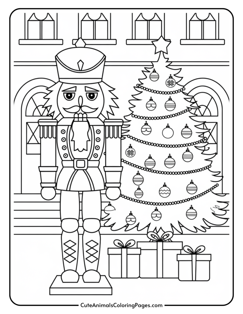 Black and white coloring page featuring a nutcracker soldier standing beside a decorated Christmas tree, with presents at its base and windows in the background. Ideal for holiday-themed arts and crafts activities.