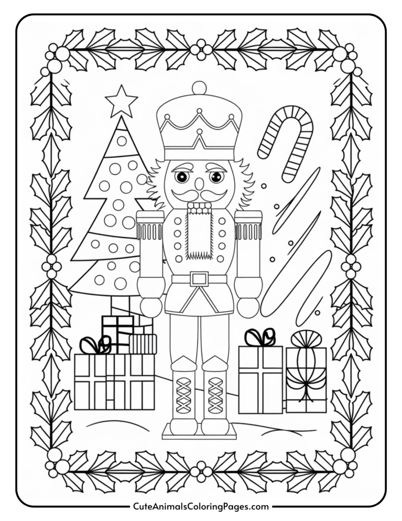 Black and white coloring page featuring a nutcracker soldier, a decorated Christmas tree, candy canes, and wrapped presents, surrounded by a festive border. Perfect for holiday-themed arts and crafts activities.