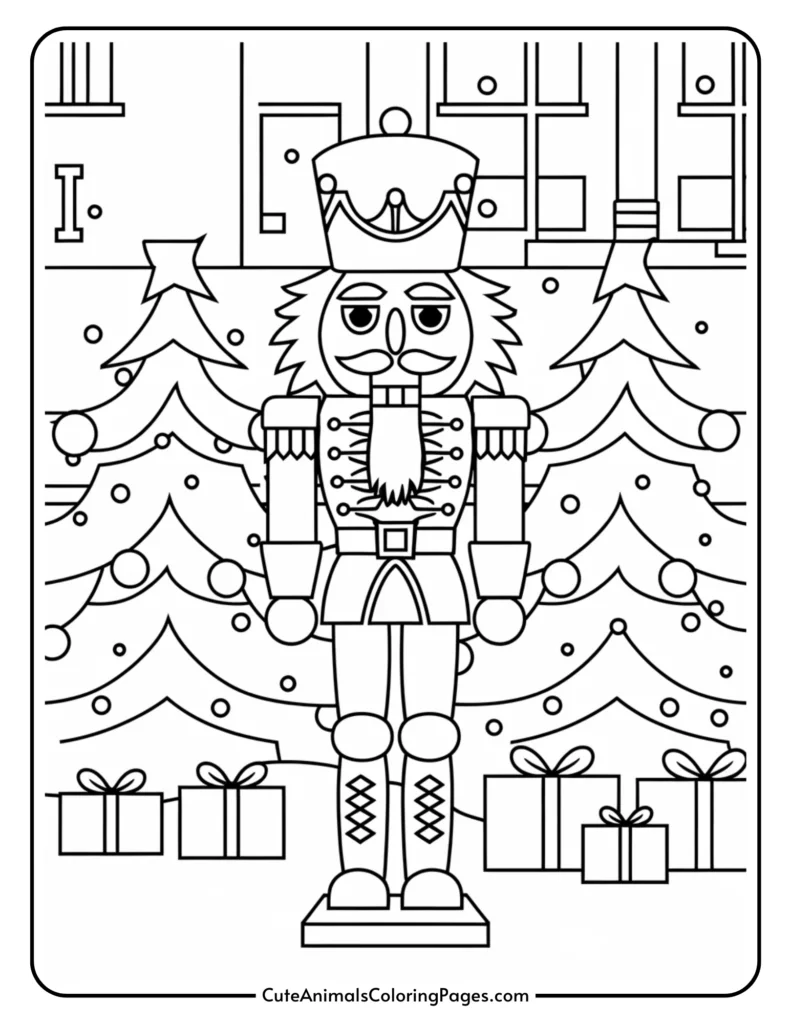 Black and white coloring page featuring a nutcracker soldier surrounded by Christmas trees, presents, and holiday decorations. Perfect for festive arts and crafts activities.