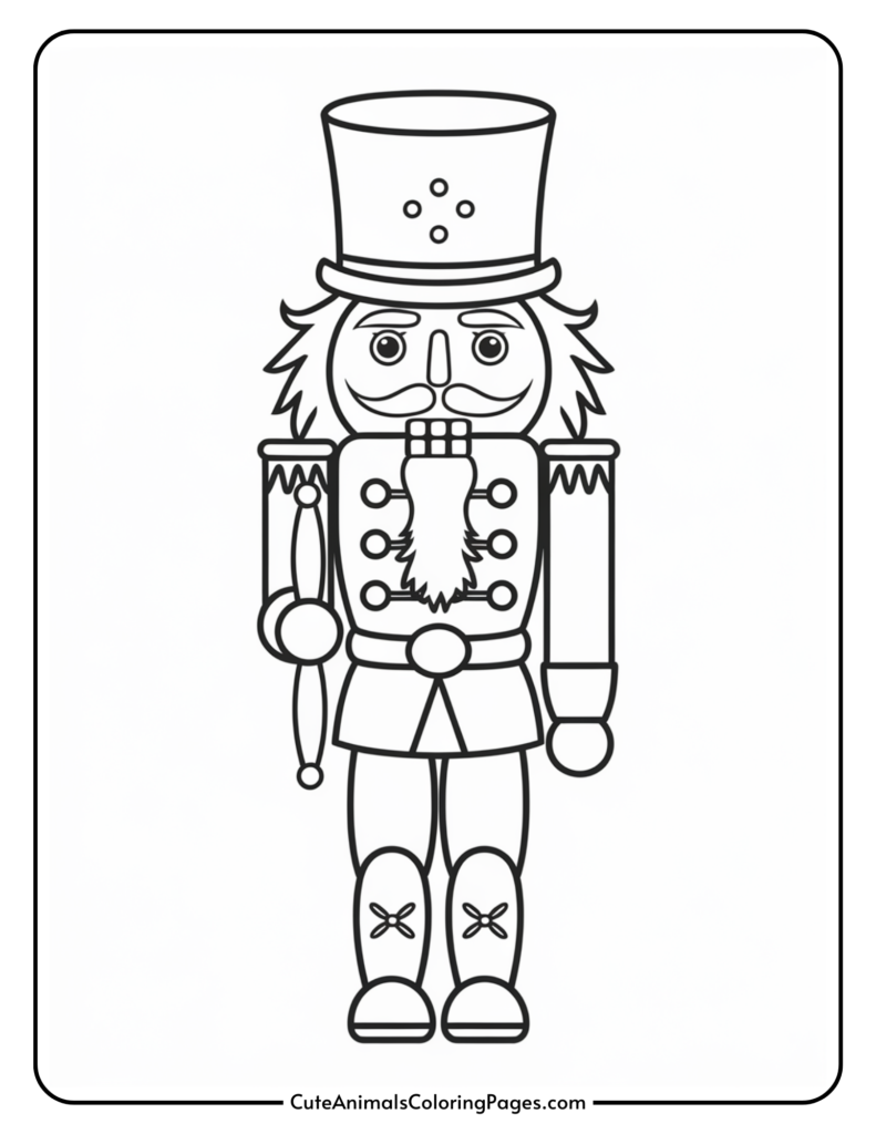 Black and white outline illustration of a nutcracker soldier with a tall hat, mustache, and ornate uniform, suitable for coloring activities.