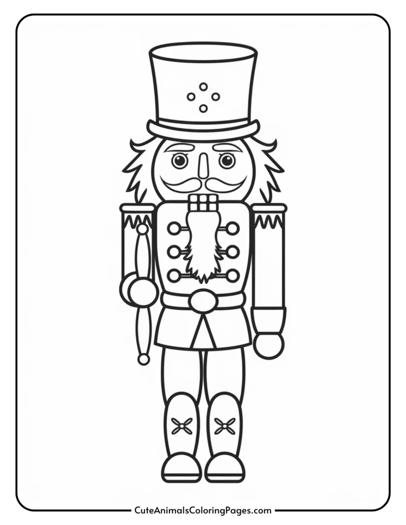 Black and white outline illustration of a nutcracker soldier with a tall hat, mustache, and ornate uniform, suitable for coloring activities.