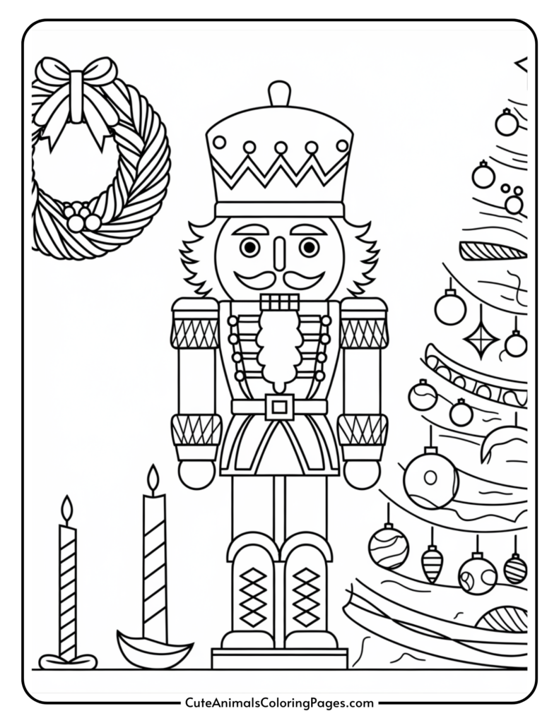 Black and white coloring page featuring a nutcracker soldier, decorative Christmas wreath, two candles, and a Christmas tree adorned with ornaments. Ideal for holiday-themed arts and crafts activities.