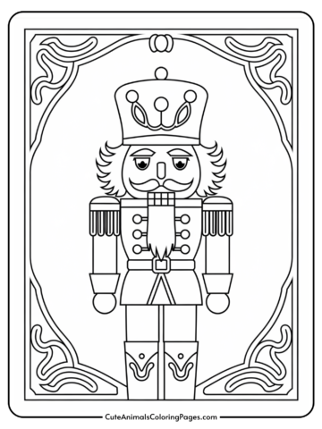 Nutcracker coloring page featuring a detailed illustration of a traditional nutcracker soldier with a crown, mustache, and ornate uniform, surrounded by decorative borders. Ideal for holiday-themed art projects and activities.