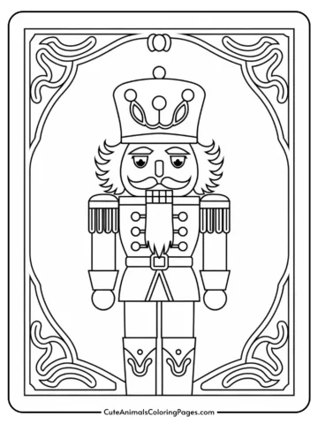 Nutcracker coloring page featuring a detailed illustration of a traditional nutcracker soldier with a crown, mustache, and ornate uniform, surrounded by decorative borders. Ideal for holiday-themed art projects and activities.