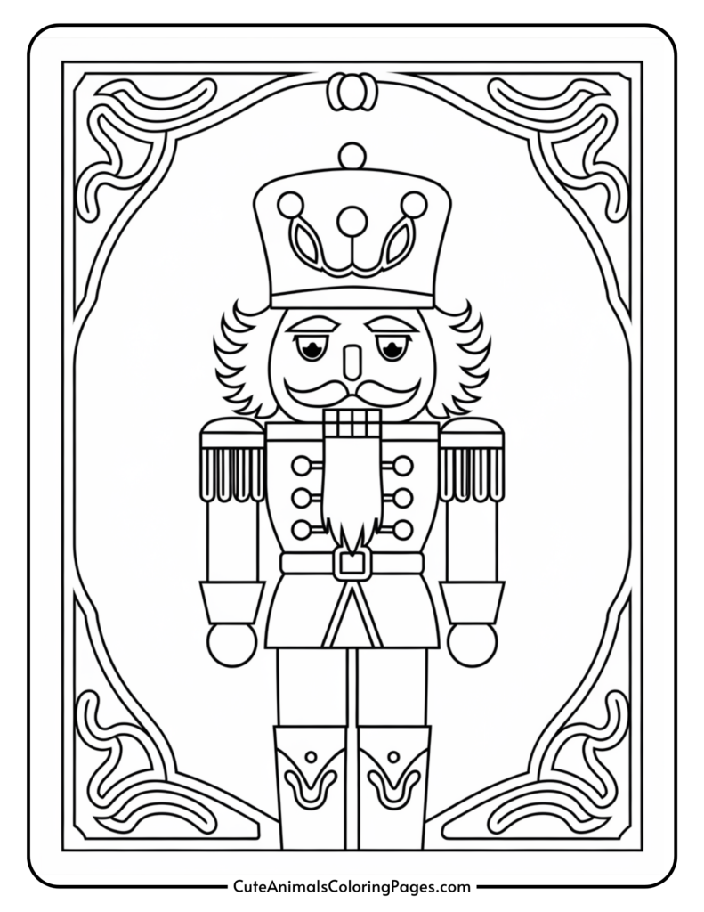 Nutcracker coloring page featuring a detailed illustration of a traditional nutcracker soldier with a crown, mustache, and ornate uniform, surrounded by decorative borders. Ideal for holiday-themed art projects and activities.