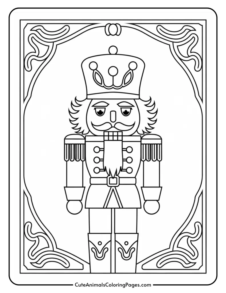 Nutcracker coloring page featuring a detailed illustration of a traditional nutcracker soldier with a crown, mustache, and ornate uniform, surrounded by decorative borders. Ideal for holiday-themed art projects and activities.