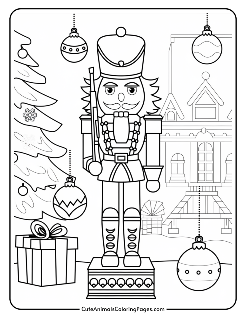 Black and white coloring page featuring a nutcracker soldier standing on a pedestal, surrounded by Christmas decorations including ornaments, a gift box, and a decorated tree, with a festive house in the background.