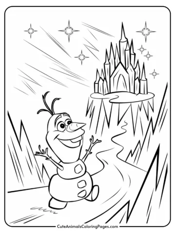 Coloring page featuring a cheerful snowman character in a snowy landscape with a castle in the background, surrounded by stars and mountains, perfect for kids' creative activities.