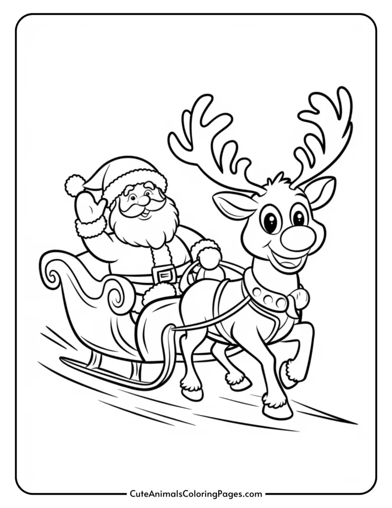 Santa Claus riding in a sleigh pulled by a reindeer, designed as a coloring page for kids, featuring festive elements and a cheerful expression.