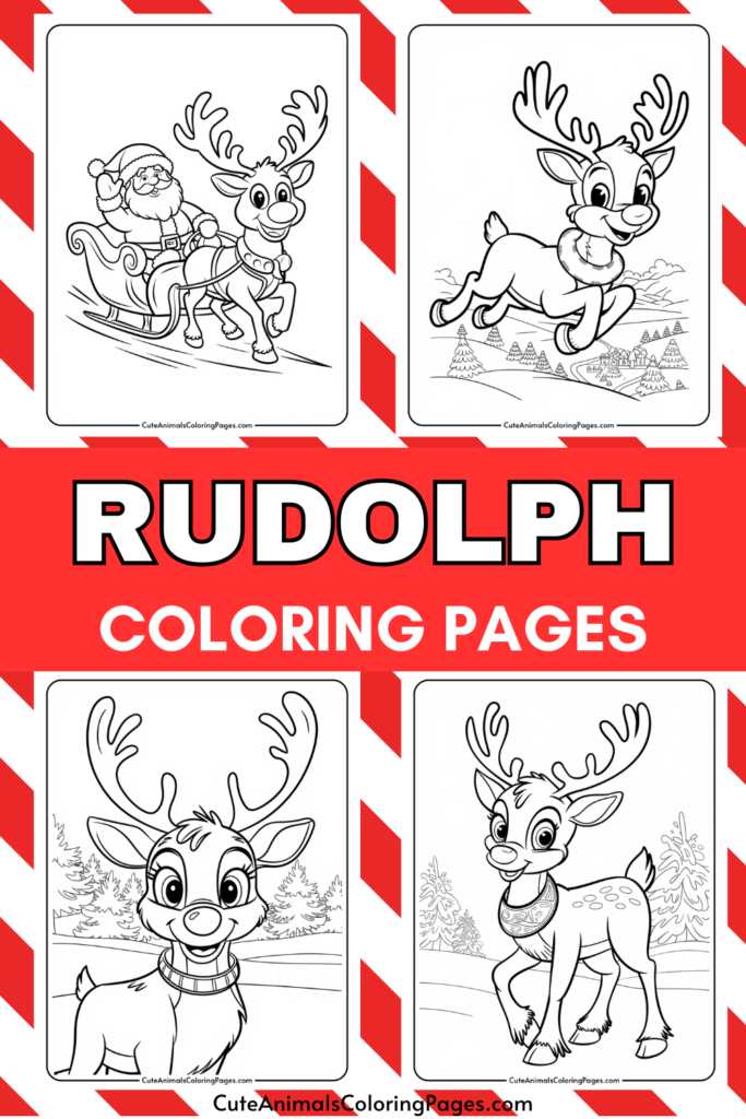 Coloring pages featuring Rudolph the Red-Nosed Reindeer, including scenes with Santa and playful reindeer illustrations, perfect for holiday-themed activities for kids.