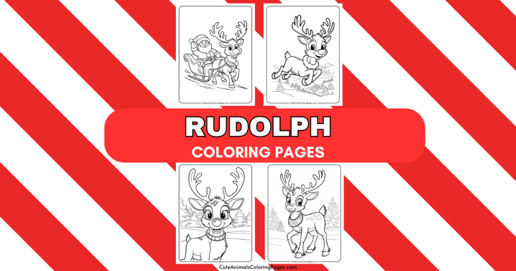 Rudolph coloring pages featuring festive illustrations of Rudolph the Red-Nosed Reindeer, including scenes with Santa Claus and playful reindeer designs, perfect for holiday-themed art activities.